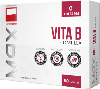 Colfarm Vita B Complex, białe pudełko z dużym napisem MAX i czerwonym logo, suplement diety, widok z przodu.