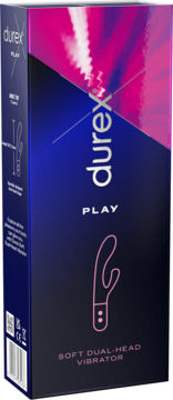 Pudełko Durex Play Soft Dual-Head Vibrator, granatowo-różowe, z zarysem różowego wibratora, widok pod kątem.