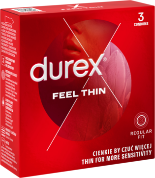 Czerwone opakowanie prezerwatyw Durex Feel Thin, 3 szt., cienkie dla większej czułości, widok z przodu pod kątem.