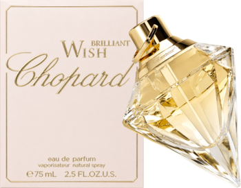 Chopard Brilliant Wish damska woda perfumowana 75ml, złota fasetowana butelka obok pudrowo-różowego pudełka.