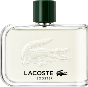 Męska woda toaletowa Lacoste Booster o cytrusowym zapachu, w przezroczystej butelce z zieloną nakrętką i wytłoczonym krokodylem, widok z przodu.