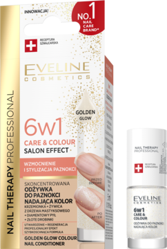 Odżywka do paznokci Eveline 6w1 Golden Glow w czerwonym pudełku i białej buteleczce, widok z przodu, lekko ukośnie.