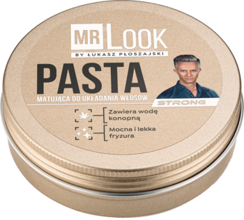 Brązowa puszka pasty MR LOOK PASTA STRONG do włosów z matowym wykończeniem i wodą konopną, widok z góry.