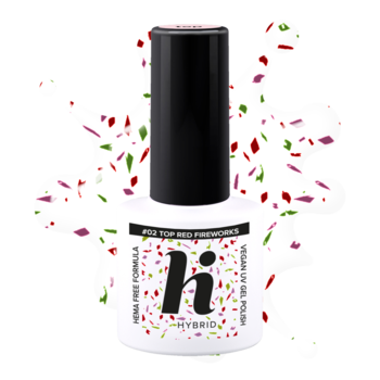 Hi Hybrid Top No Wipe Red Fireworks, brokatowy top UV, biała butelka z czarną nakrętką, widok z przodu.