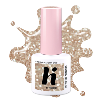 Lakier hi Hybrid 290 Glamour Dust, brokatowy, różowo-złoty. Biała butelka, różowa nakrętka, na tle brokatu.