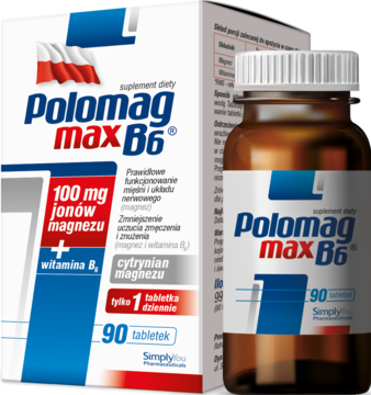 Opakowanie i brązowa butelka suplementu Polomag max B6 z magnezem i witaminą B6, widok z przodu, lekko pod kątem.