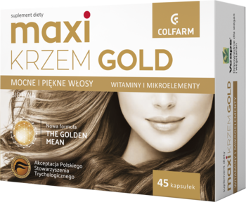 Maxi Krzem GOLD suplement diety na włosy, skórę i paznokcie, biało-złote pudełko z włosami, 45 kapsułek, widok z przodu.