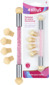 KillyS dwustronny pędzelek do ombre z różowym brokatem i 6 wymiennymi gąbkami, widok z opakowaniem.
