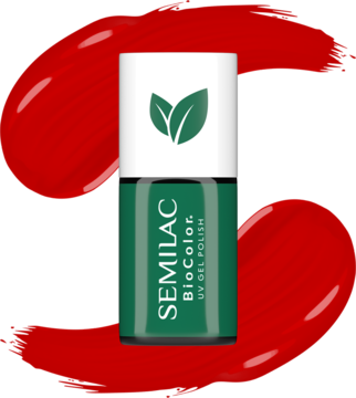 Zielony lakier hybrydowy Semilac BioColor UV Gel Polish, z białym korkiem i zielonym logo liścia, widok z przodu.