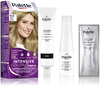 Opakowanie farby Palette Intensive Color Creme 8-0 Jasny Blond z tubką, butelką i saszetką obok.