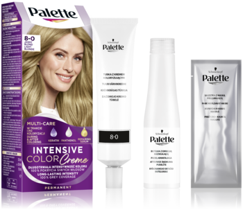 Opakowanie farby Palette Intensive Color Creme 8-0 Jasny Blond z tubką, butelką i saszetką obok.