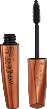 Otwarty tusz Rimmel Wonder’full z olejkiem arganowym: miedziana tuba i czarna szczoteczka.