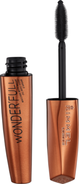 Otwarty tusz Rimmel Wonder’full z olejkiem arganowym: miedziana tuba i czarna szczoteczka.