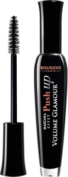 Czarny tusz Bourjois Volume Glamour Push Up z wyjętą szczoteczką obok tubki z pomarańczowym napisem.