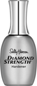 Sally Hansen Diamond Strength Hardener, srebrna butelka z metalicznym połyskiem i błyszczącą nakrętką, widok z przodu.