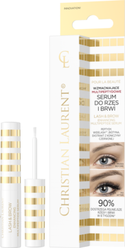 Serum Christian Laurent Lash & Brow Multipeptide. Biało-złote opakowanie i tubki, widok z przodu. Podkreśla wzmocnienie.