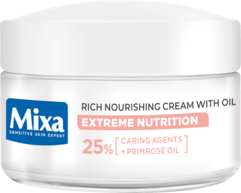 Mixa Rich Nourishing Cream z olejkiem, biały słoik z różową etykietą i niebieskim logo, widok z przodu.