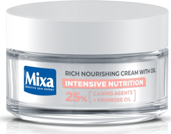 Krem Mixa Rich Nourishing Cream Intensive Nutrition z olejkiem z wiesiołka, przezroczysty słoik, biała nakrętka.