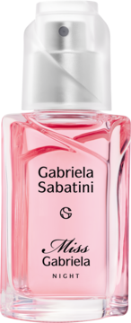 Różowa woda toaletowa Gabriela Sabatini Miss Gabriela Night w szklanej butelce, widok z przodu.