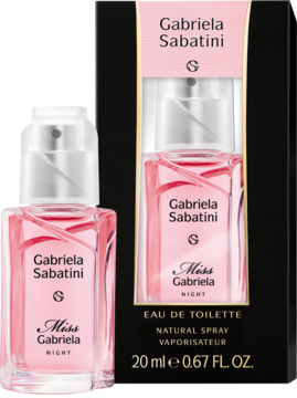 Gabriela Sabatini Miss Gabriela Night woda toaletowa, różowy flakon obok czarnego opakowania 20 ml, z przodu.