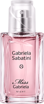 Damska woda toaletowa Gabriela Sabatini Miss Gabriela Night w szklanej butelce z różowym płynem, widok z przodu.