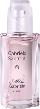 Damska woda toaletowa Gabriela Sabatini Miss Gabriela Night w różowej szklanej butelce, widok z przodu.