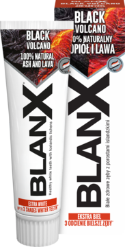 BlanX Black Volcano, pasta do zębów z 100% popiołem i lawą, biała tuba, widok z przodu pod kątem.