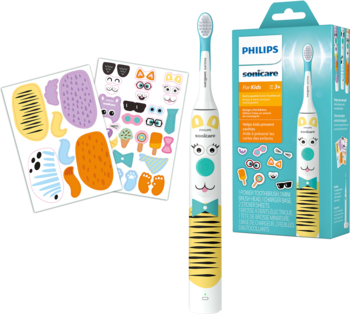 Szczoteczka soniczna Philips Sonicare For Kids, biało-żółta z tygrysim wzorem, widok z pudełkiem i naklejkami.