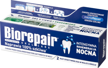 Niebieskie opakowanie pasty Biorepair Oral Care Intensywna Regeneracja Nocna do odbudowy szkliwa, widok z przodu.