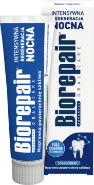 Dwie tubki pasty Biorepair Oral Care Advanced Intensywna Regeneracja Nocna, niebiesko-białe, z napisem 'Microrepair'.