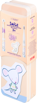 Vitammy Smile szczoteczka soniczna 3+, beżowe pudełko z Myszką w paski i figurką myszki obok.