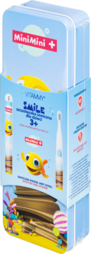 Vitammy Smile sonic toothbrush for kids 3+ in clear case with light blue sleeve, yellow fish & MiniMini+ logo.