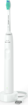 Biała szczoteczka soniczna Philips Sonicare Series 2100 z zieloną główką, stoi na białej ładowarce.