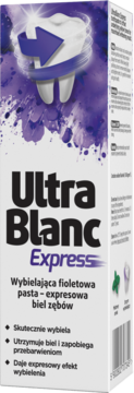 Ultra Blanc Express fioletowa pasta wybielająca, biało-fioletowe opakowanie z grafiką zęba, widok z przodu.