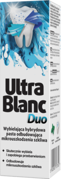 Pudełko pasty Ultra Blanc Duo. Wybielająca pasta do zębów odbudowująca szkliwo, front i bok.