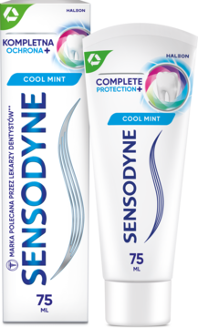 Biała pasta Sensodyne Kompletna Ochrona + Cool Mint, 75 ml, w tubce obok kartonowego opakowania.