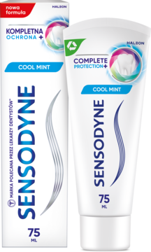 Sensodyne Kompletna Ochrona + Cool Mint pasta 75ml, biała tubka i pudełko, widok z przodu, z logo zęba.