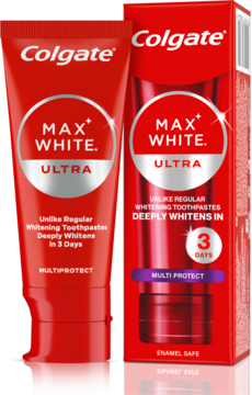 Colgate Max White Ultra, pasta wybielająca, w czerwonej tubce i pudełku, widok z przodu, głęboko wybiela w 3 dni.