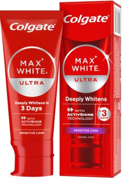 Czerwona pasta Colgate Max White Ultra do wrażliwych zębów, wybiela w 3 dni, widok tubki i pudełka.