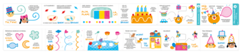 Kolorowa infografika z ilustracjami: tort, prezenty, balony, chmury i konfetti. Wesołe abstrakcyjne kształty i ikony designu.