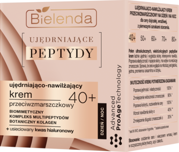 Bielenda Peptydy krem ujędrniająco-nawilżający przeciwzmarszczkowy 40+, beżowe opakowanie, widok z przodu.