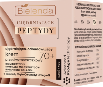 Bielenda UJĘDRNIAJĄCE PEPTYDY krem 70+ na dzień/noc w beżowym pudełku, widok z przodu.
