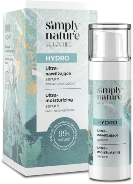 Serum Simply Nature Hydro Ultra-nawilżające w białej butelce z pompką i zielonym wzorem, przed pudełkiem.