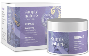 Fioletowy krem-balsam Simply Nature Repair w słoiku i kartonie, widok z przodu. Napisy: "99% natural", "REPAIR".