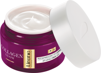 Lirene Collagen Glow, otwarty słoik fioletowego kremu przeciwzmarszczkowego z białym wieczkiem, z widocznym białym kremem.