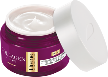 Fioletowy słoik kremu Lirene Collagen Glow z otwartą białą nakrętką, ukazujący kremową zawartość.