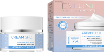 Biały słoik Eveline Cosmetics Cream Shot z kwasem hialuronowym i różowo-niebieskie pudełko, widok z boku.