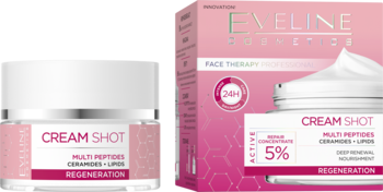 Biały słoik kremu Eveline Cream Shot z Multi-Peptides Ceramides i różowe opakowanie Regeneracja.