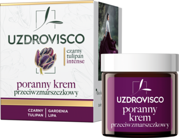 Uzdrovisco Czarny Tulipan Intense Poranny krem przeciwzmarszczkowy: brązowy słoik, fioletowe pudełko z tulipanem.
