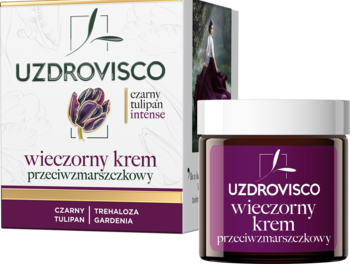 Uzdrovisco Czarny Tulipan Intense wieczorny krem przeciwzmarszczkowy, fioletowy słoik i biało-fioletowe pudełko.
